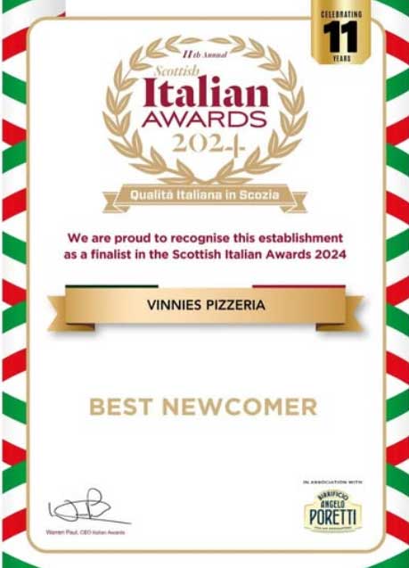 Vinnies’s Pizzeria in Glasgow finalist for Best Newcomer at the Scottish Italian Awards 2024! 